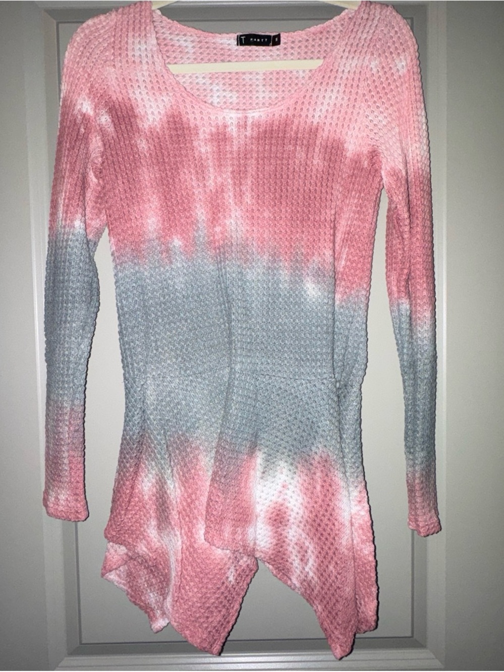 T Party Fashion Pink and Gray Tie-Dye Long Sleeve Waffle Knit Top